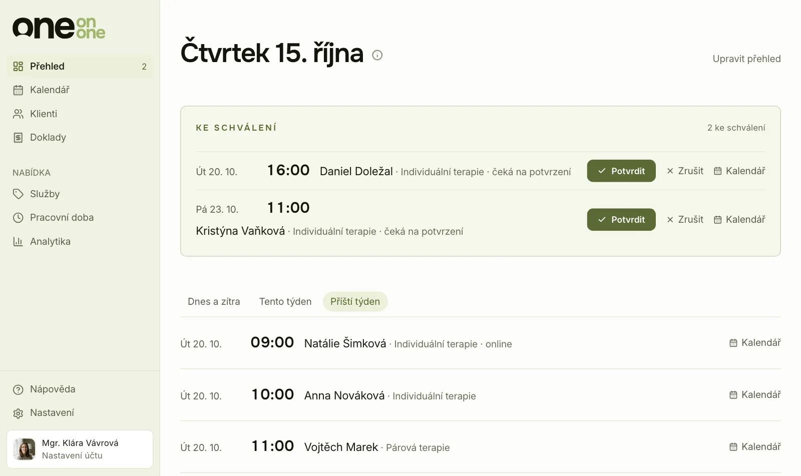 Náhled online pracovny – správa rezervací a klientů